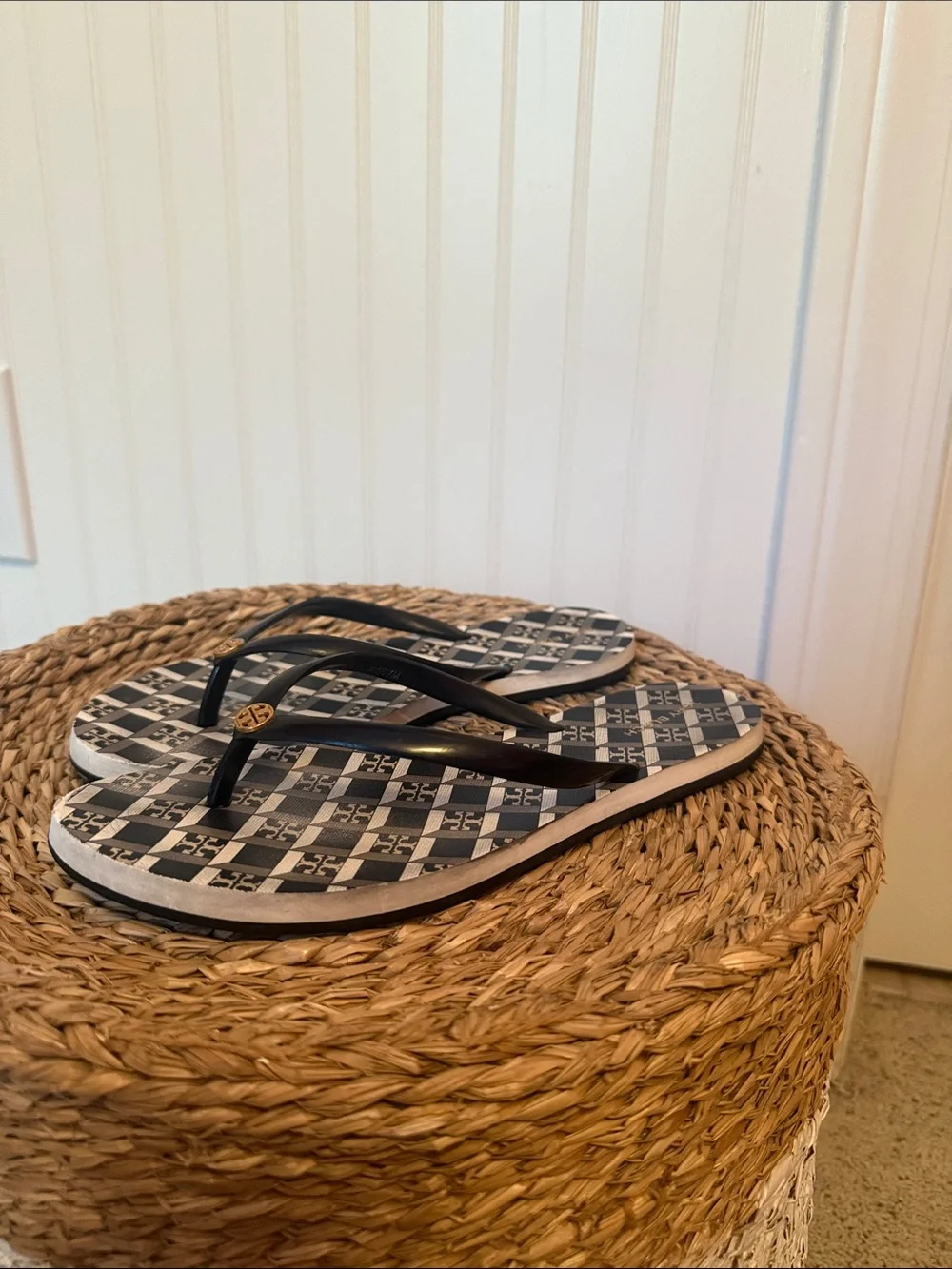 Tory Burch Black & White Logo Pattern Flip Flops